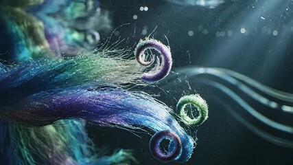 Vibrant abstract organic fibers with swirling elements flow gracefully underwater illuminated by ethereal light rays creating a mesmerizing and dynamic visual representation of microscopic life or ad.