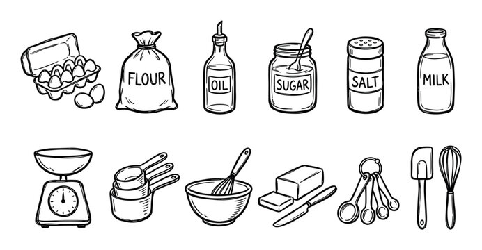 Set of hand-drawn baking ingredients and kitchen tools including flour, sugar, eggs, milk, and utensils in a black and white doodle style illustration for recipes or cooking