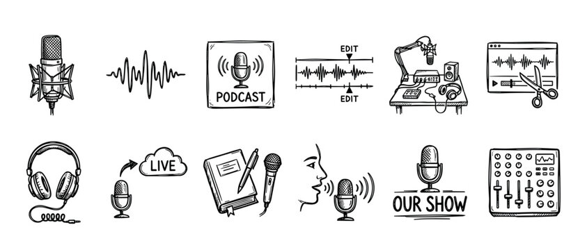 Hand-drawn podcasting and audio recording icon set featuring microphones, headphones, sound waves, and mixing consoles in a black and white sketch doodle style for broadcasting