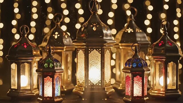 A collection of colorful lanterns with intricate designs and lit interiors, arranged in a row with a dark background adorned with string lights, symbolizing Ramadan fasting month.