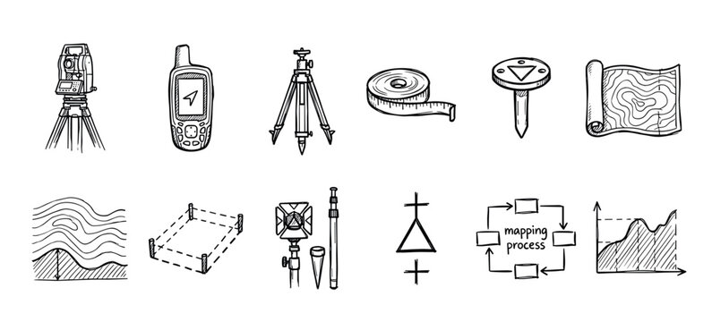 Hand-drawn surveying and geodesy doodle icons showing a total station, GPS navigator, topographic map, and other cartography equipment in a black and white sketch style illustration