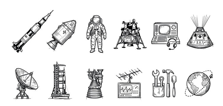 Set of hand-drawn space exploration icons featuring a rocket, astronaut, lunar lander, satellite dish, and planet Earth in a vintage black and white sketch style