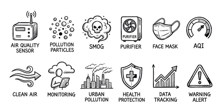 Hand-drawn icon set about air quality and pollution, featuring a sensor, smog, face mask, purifier, and monitoring symbols in a black and white doodle illustration style