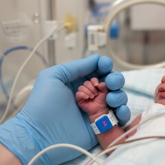 Newborn's Tiny Hand Held by a Medical Professional