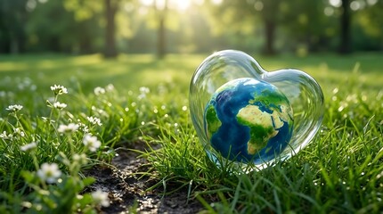 Heart Shaped Glass Globe on Green Grass Showing Love for the Environment