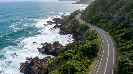 Serpentine Coastal Road Winding Along the Rugged Shoreline Under a Cloudy Sky