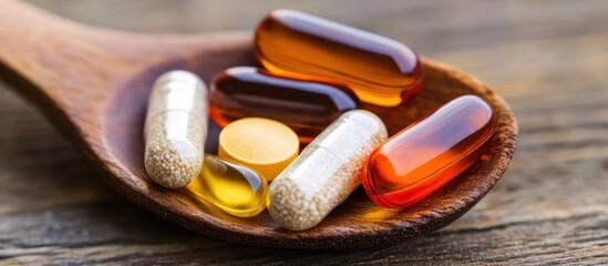 Assorted dietary supplements in capsules and liquid form presented in a wooden spoon on a rustic wooden surface