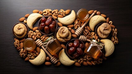 An overhead shot of an arrangement of nuts, dates, figs, crescent cookies, and small jars of honey with dippers on a dark surface.
