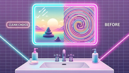 A surreal bathroom scene with a neon-lit mirror reflecting a serene landscape and a vibrant swirl design