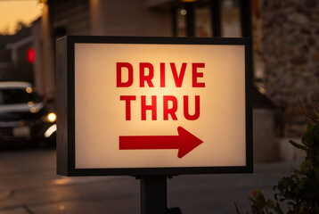 A sign stating Drive Thru with a car waiting at a pick up window in morning or dusk light