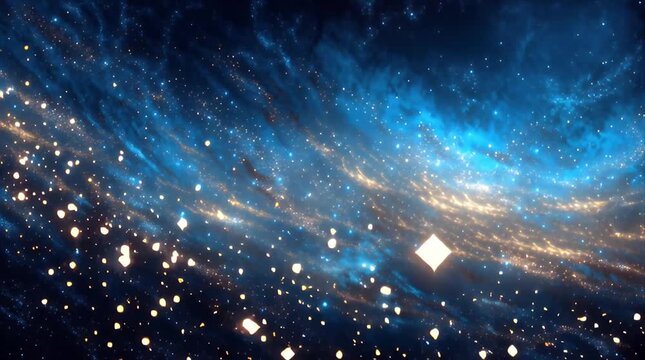 ビッグデータや宇宙の広がりを表現する、金色と青色の光の粒子が暗い空間で波動のように広がる抽象的な3Dレンダリング映像