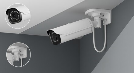 Modern surveillance camera system mounted on a ceiling for security monitoring