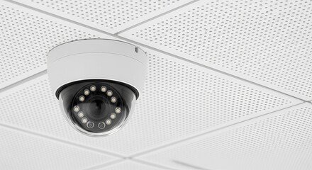 Modern white dome security camera mounted on a suspended ceiling grid
