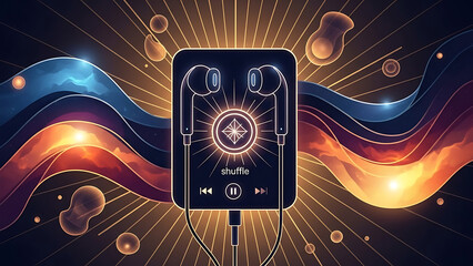 A vibrant illustration of a music player with headphones and colorful abstract background