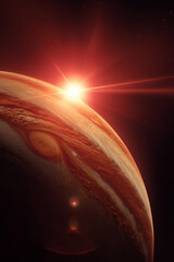 Jupiter planet illuminated by sunlight in dark space background  