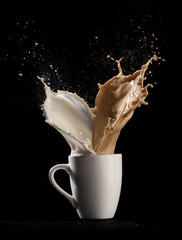 Splashing milk and coffee from white cup on black background  