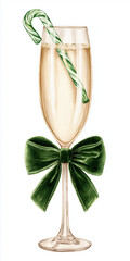 Festive champagne glass with candy cane and green bow decoration  