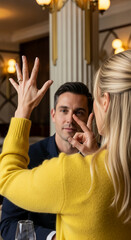 Fototapeta premium Indoor shot of a woman showing hand gestures to a man, possibly in a restaurant setting, symbolizing communication or relationship dynamics