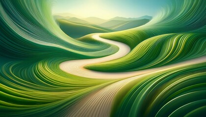 a swirling abstract pattern of green grass and a lightcolored path under a hazy sky