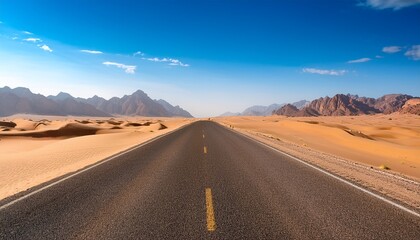a desert road stretching into the distance surrounded by golden sand dunes and rugged mountains under a clear sky with sparse clouds road trip
