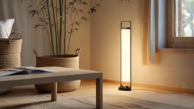Modern living room with a sleek floor lamp illuminating the corner, creating a warm and inviting atmosphere.