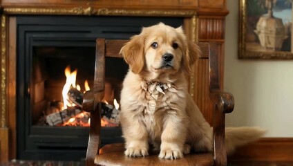 heartwarming 4K domestic scene featuring adorable Golden Retriever puppy sitting comfortably in chair set against backdrop of fireplace where wood is actively burning creating cozy