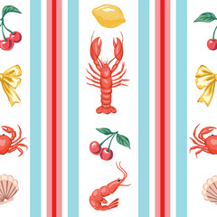 Lobster, shrimp, crab, lemon, yellow bow, cherry, shell with stripe seamless pattern. Summer print.
