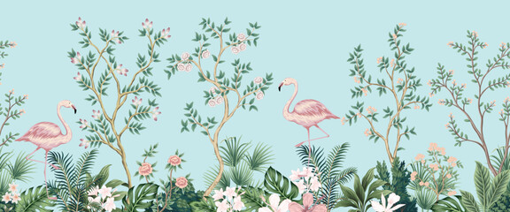 Pink flamingo, floral tree, palm leaves, rose flower seamless border. Jungle landscape mural.