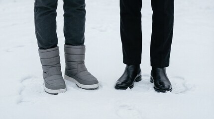 Two people standing in white snow wearing grey puffy boots and black leather boots