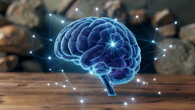 futuristic 4K digital visualization of glowing holographic brain floating above wooden table with bright neural network nodes forming connections against blurred stone background to highlight