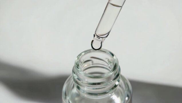 clean 4K close up shot capturing droplets falling from small dropper into transparent glass bottle offering smooth motion and sterile minimal aes tic with ample space for text or