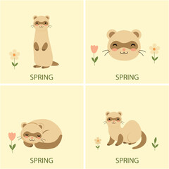 Postcards with cute animals. Spring and the ferret.