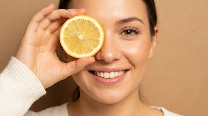 Smiling woman with clean skin holding yellow lemon slice over right eye