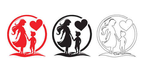 Mother and Baby Silhouette with Floral Frame &ndash; Vector Illustration Set