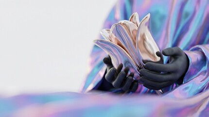 3D rendering of hands cradling copper flower object in shiny holographic clothing