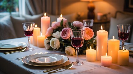 Romantic dinner table setting with lit candles and floral centerpiece.