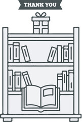 Obraz premium A gift is placed on top of a bookshelf filled with books and an open book.