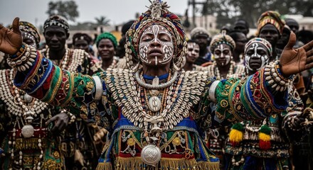Beninese participant performing spiritual rite at annual Vodoun festival. Traditional vibrant attire, symbolic face paint, and ritual gestures honor ancient customs.