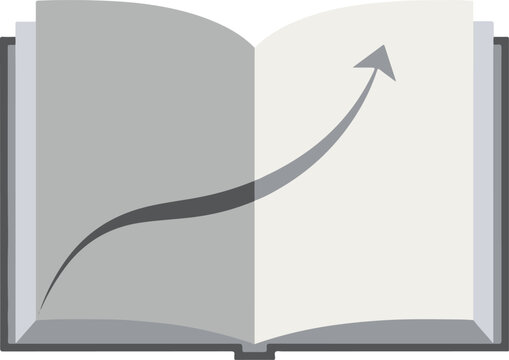 An open book with a gray arrow rising from the bottom left to the top right page