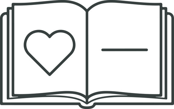 An open book with a heart outline on the left page lies on a stack of books indoors.