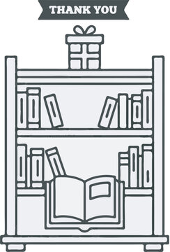 A gift is placed on top of a bookshelf filled with books and an open book.