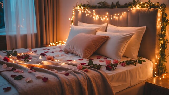 A cozy and romantic bedroom setup with warm lights and rose petals.