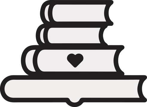 An illustration of a stack of books with one book featuring a heart on its cover sits on a table indoors