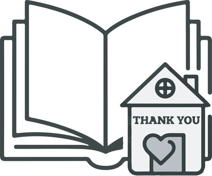 An illustration of a house with a heart and the words 'THANK YOU' is placed next to a large open book.