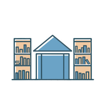 An illustration of a building with a triangular roof surrounded by two bookshelves filled with books.