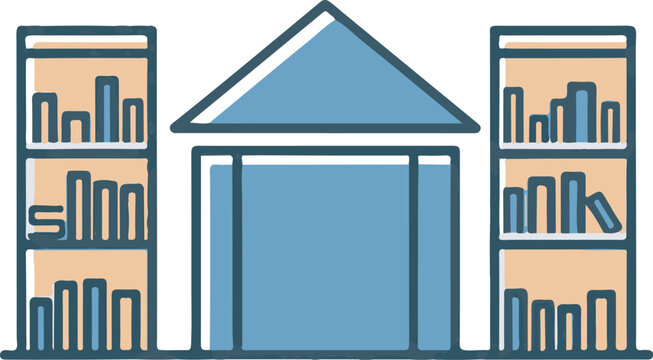 An illustration of a building with bookshelves on either side containing various books.