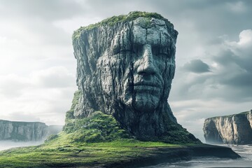 Majestic stone head sculpture amidst rugged coastal landscape under cloudy sky