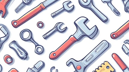 Various tools and equipment scattered across a white surface, showcasing different types of wrenches and hardware supplies from a top-down viewpoint