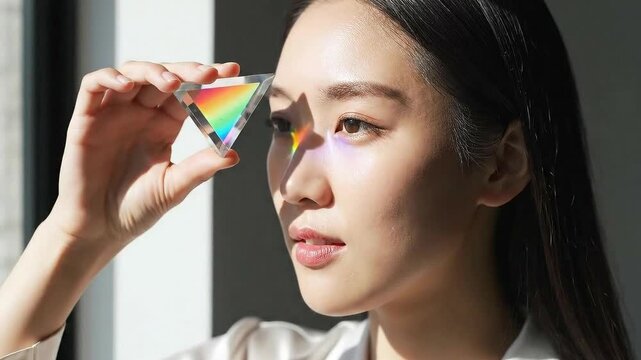 Young Asian woman holding a triangular prism, observing the colorful light spectrum cast on her face by sunlight in a bright indoor setting