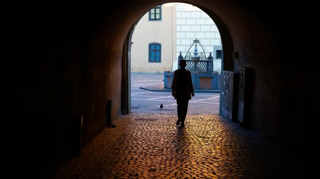 Woman walking away through shadowy cobblestone tunnel, backlit silhouette gradually moving towards golden sunlight in sequential cinematic perspective capturing urban architectural passage